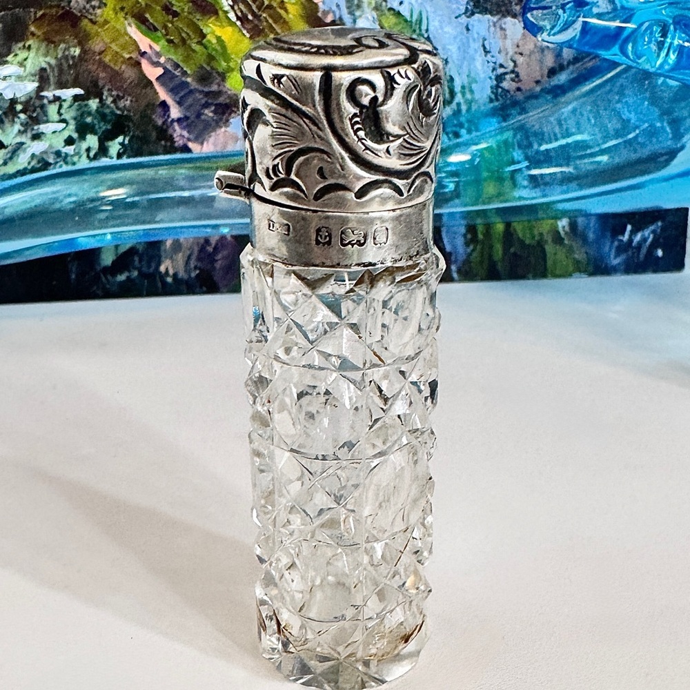 c.1900 Art Nouveau Sterling Silver & Cut Crystal Perfume Bottle